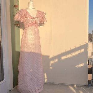 Vintage 60s 70s White and Pink Eyelet Lace Capelet Dress